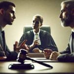 Avukatlar aralarında görüşürken, hakim de onları izleyerek arabuluculuk yapıyor.