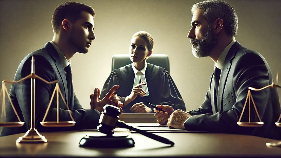 Avukatlar aralarında görüşürken, hakim de onları izleyerek arabuluculuk yapıyor.