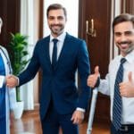 Avukat, kaza mağduru ve doktor koordinasyonu gösteren bir ofis sahnesi