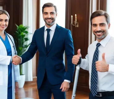 Avukat, kaza mağduru ve doktor koordinasyonu gösteren bir ofis sahnesi