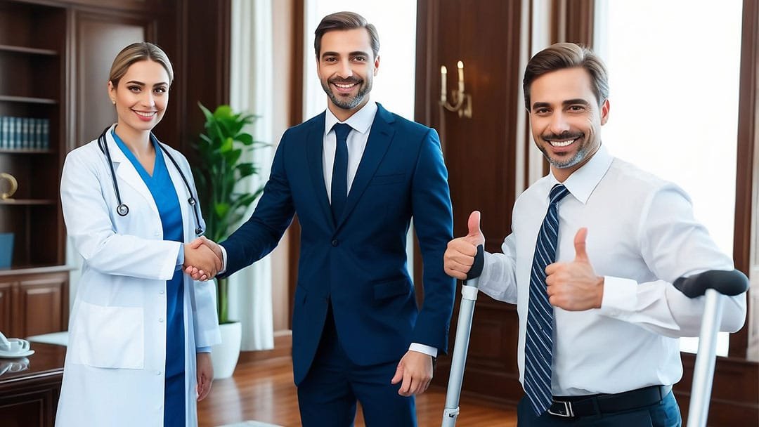 Avukat, kaza mağduru ve doktor koordinasyonu gösteren bir ofis sahnesi