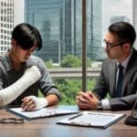 Kaza mağduru ve avukat ofiste konuşuyor.