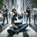 Yolun ortasına çaresizlikten oturmuş bir kazazede ve etrafından onu umursamadan geçen kişiler.