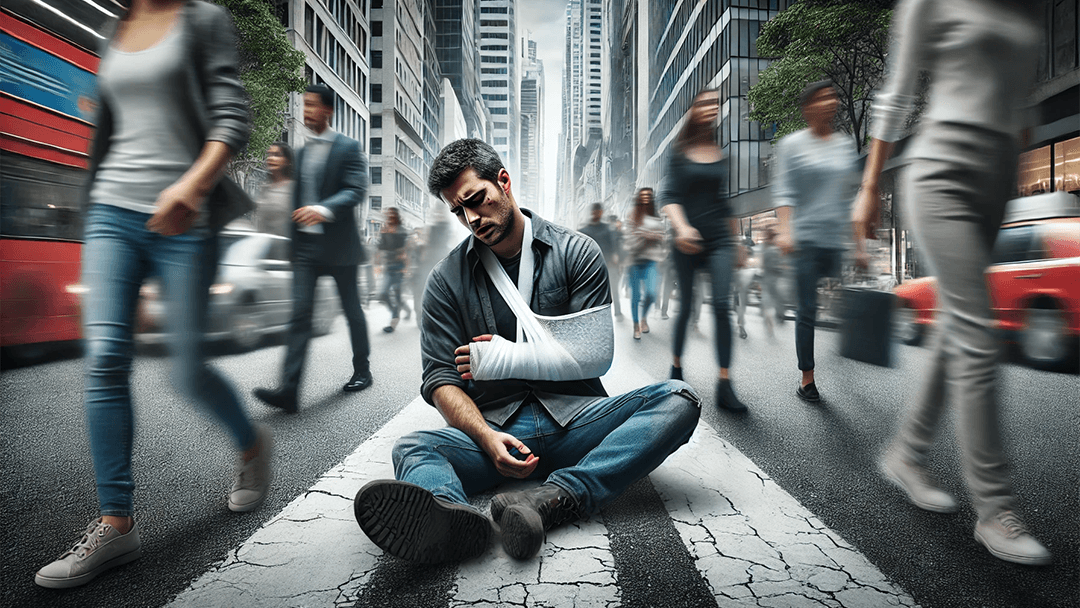 Yolun ortasına çaresizlikten oturmuş bir kazazede ve etrafından onu umursamadan geçen kişiler.